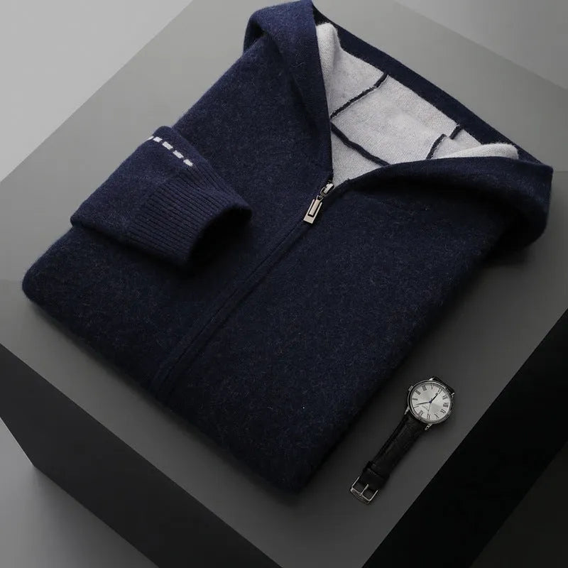 Man wearing a dark blue loose fit cashmere wool cardigan with a half-high zipper collar