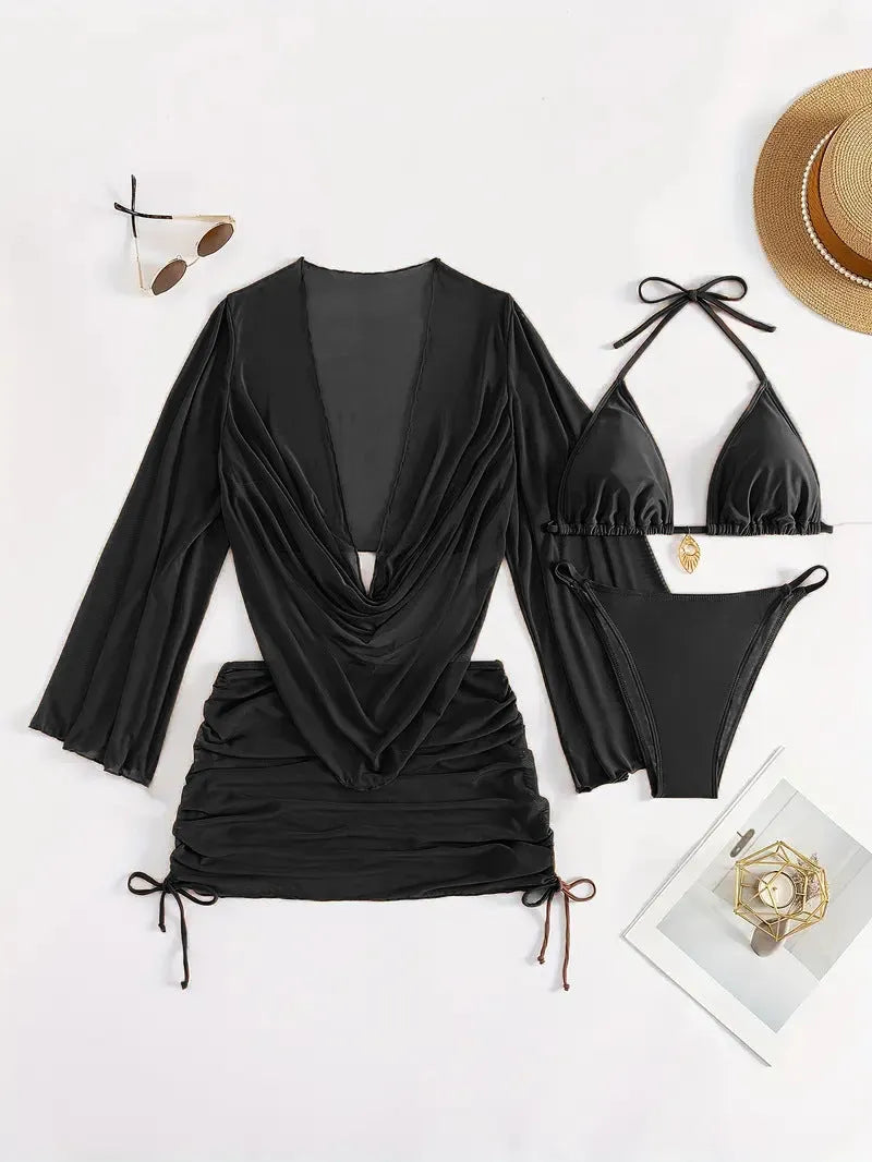 Women's dark brown lace-up front bikini swimsuit with backless design