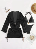 Women's dark brown lace-up front bikini swimsuit with backless design