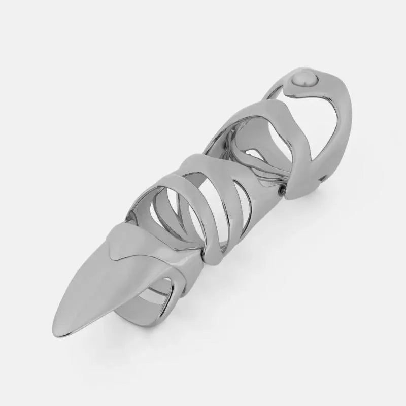 Silver punk armour finger stall ring made of alloy, shown on a finger.