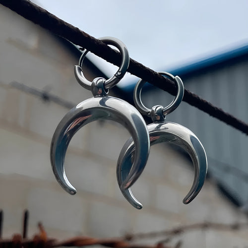 Silver geometric moon hoop earrings with gothic punk styling and clip-on ear clips
