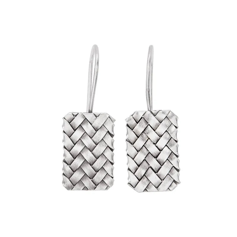 Silver geometric diamond plaid earrings with woven pattern design measuring 17.5mm