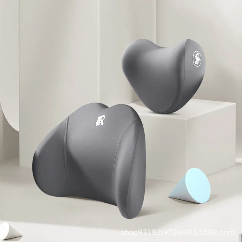 Car pillow set with heart-shaped headrest and lumbar support pillow, cotton cover, four seasons memory foam, black colour