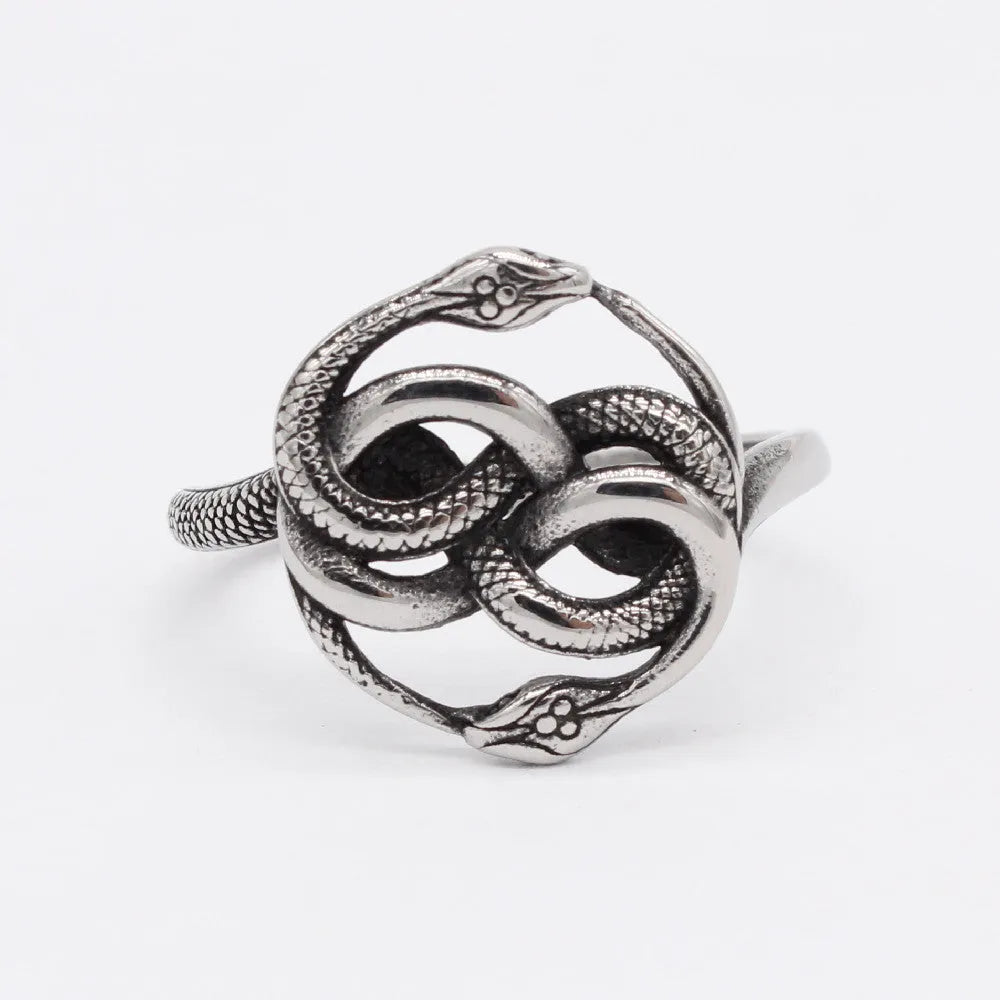 Close-up of a steel-coloured titanium steel double snake ring on a hand, showing retro design.