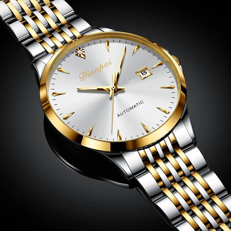 Men's stainless steel automatic watch with simple dial and mineral glass crystal