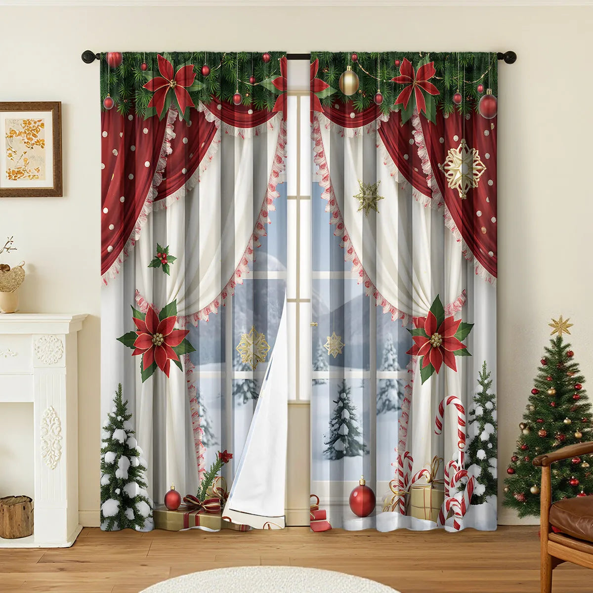 Pair of red and green Christmas theme digitally printed polyester curtains hanging on a window.