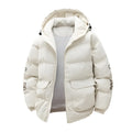 Men's black padded hooded coat with letter print, side pockets, and cardigan style