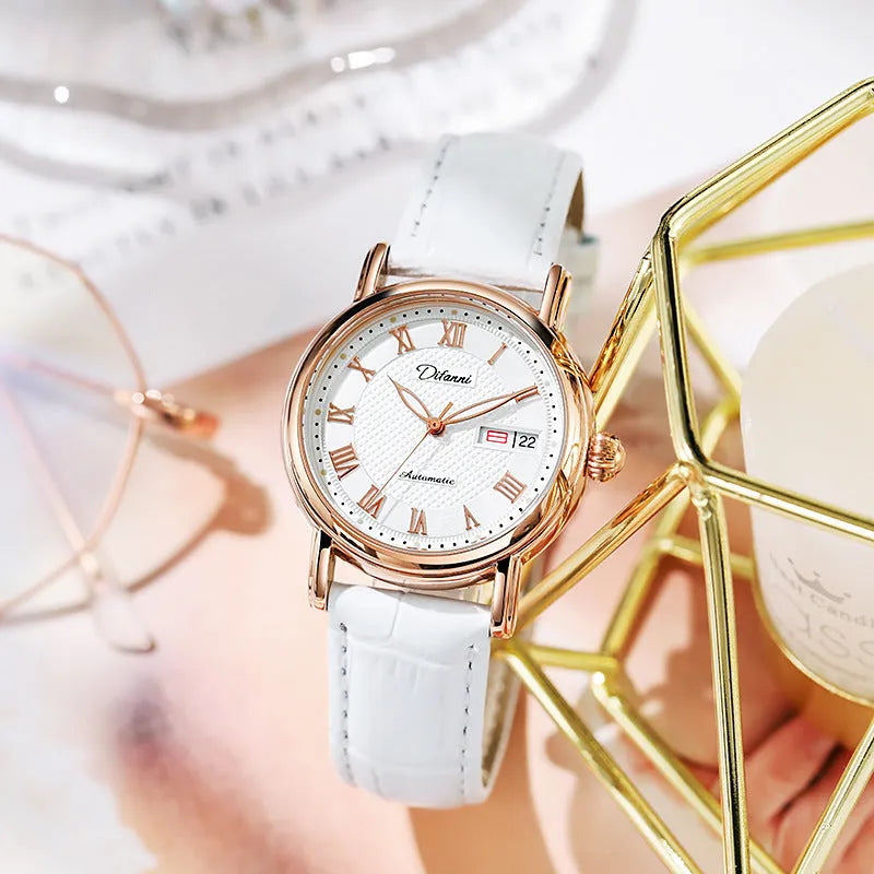 Women's automatic mechanical watch with choice of stainless steel or leather strap, 12mm thickness