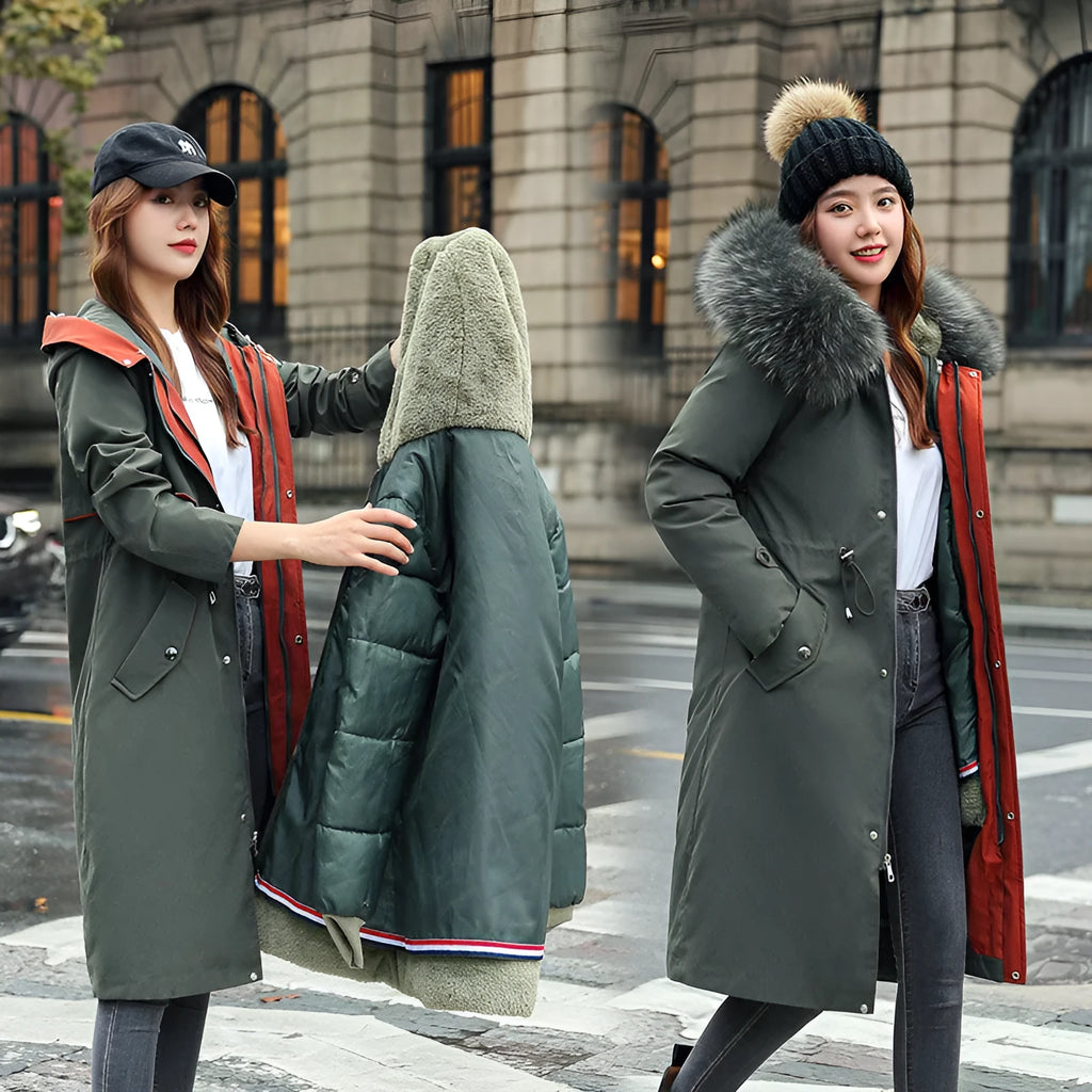 Women's long white cotton-padded trench coat with 100cm length and down cotton filler