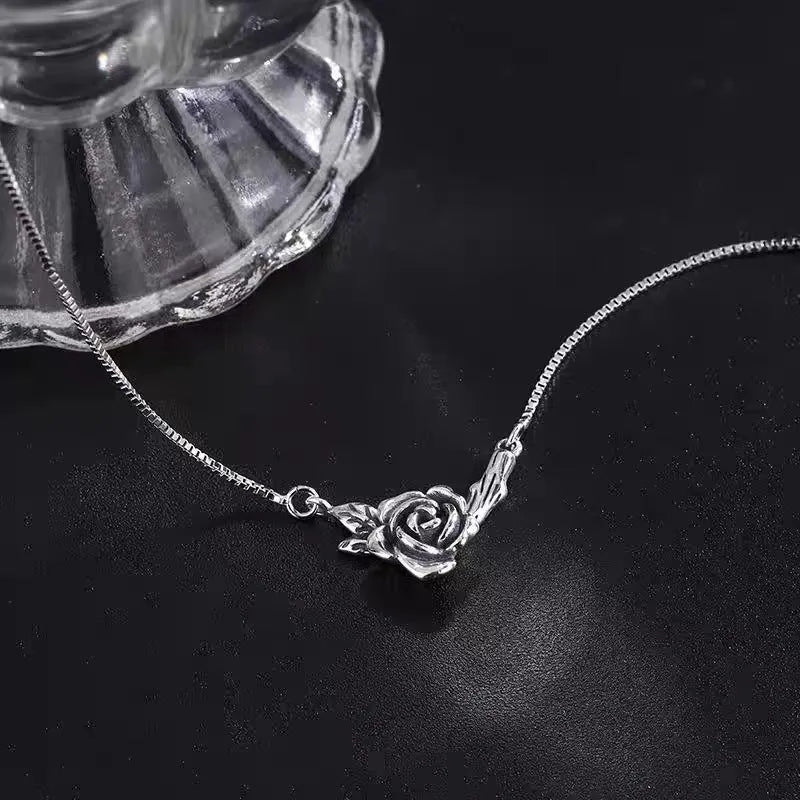 Retro black rose necklace for women with distressed vintage rose finish copper pendant cross chain