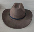 Brown leather velvet western cowboy hat with curved edge and conical crown style