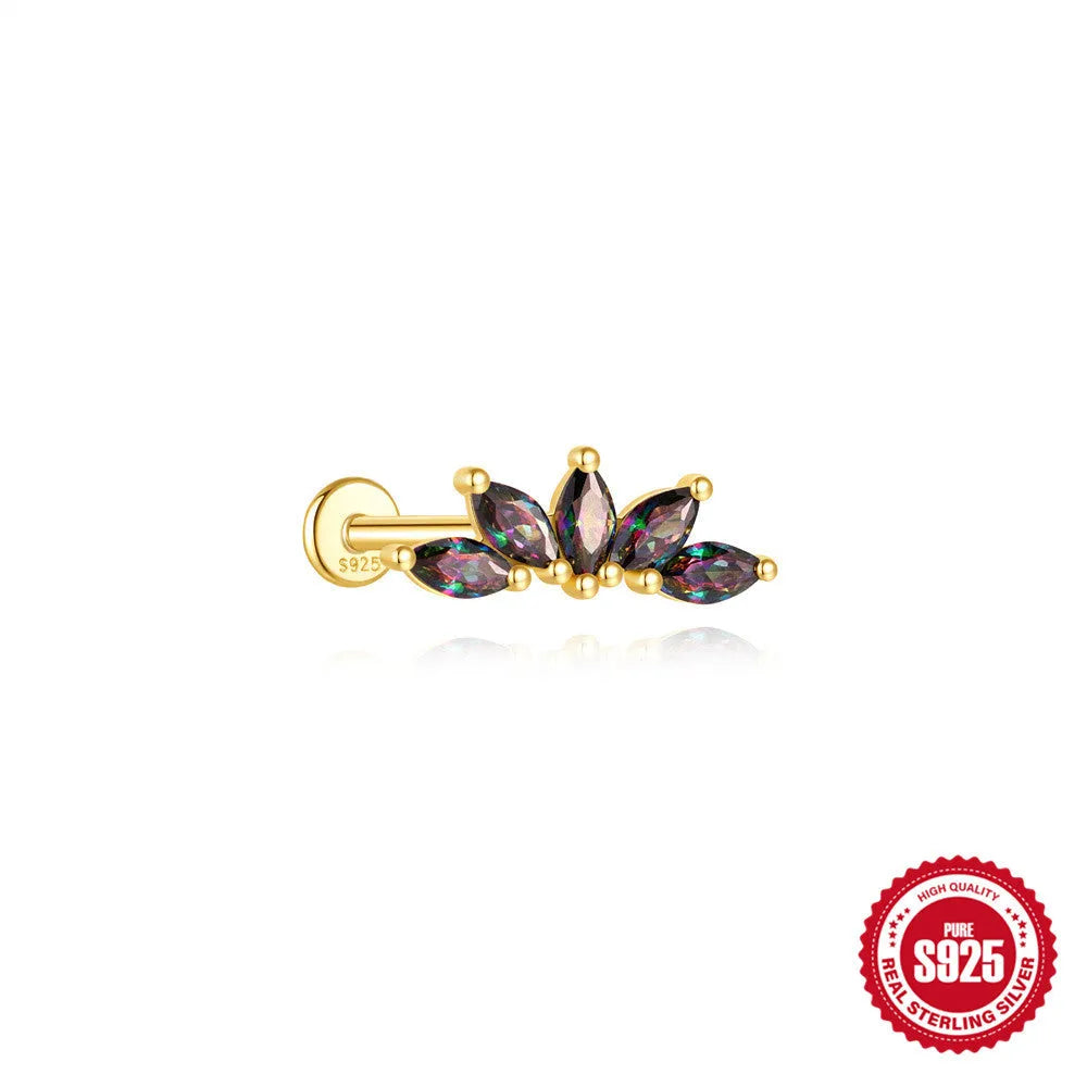 S925 sterling silver flat head thread piercing earring with rainbow stone in geometric design
