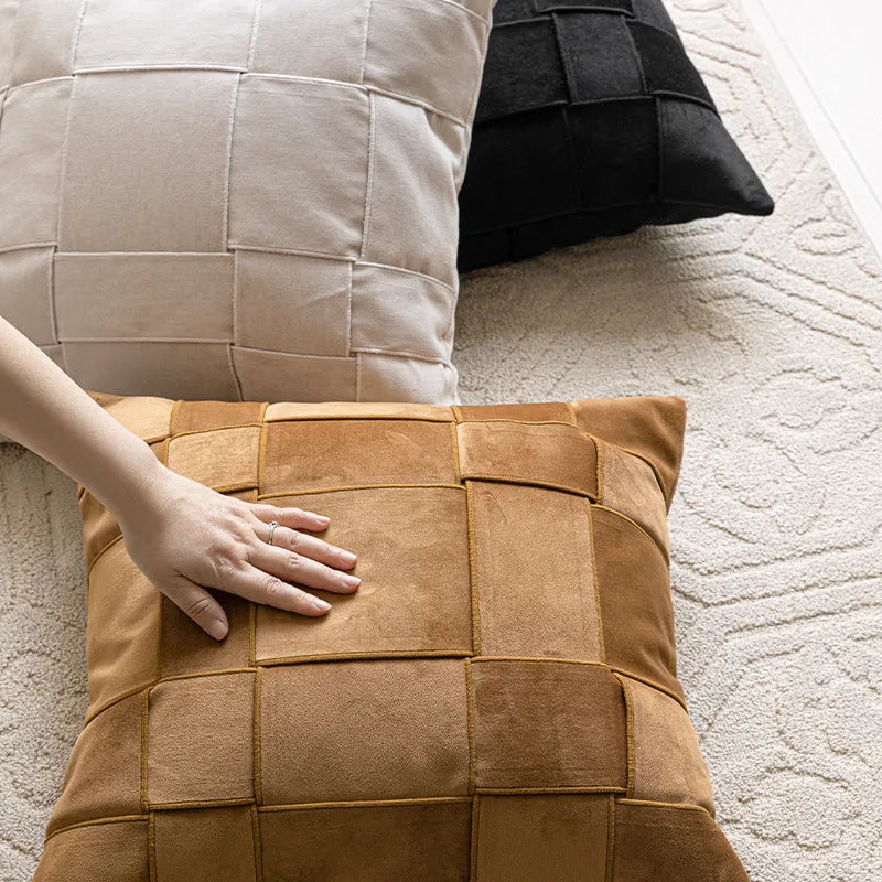 Square 50x50cm chenille woven decorative pillow in beige colour with textured fabric.