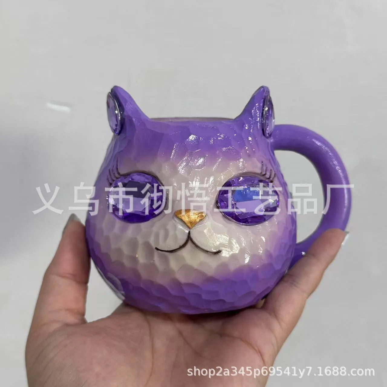 Cat cup resin craft ornament in purple, green, blue, or pink colours for desk display