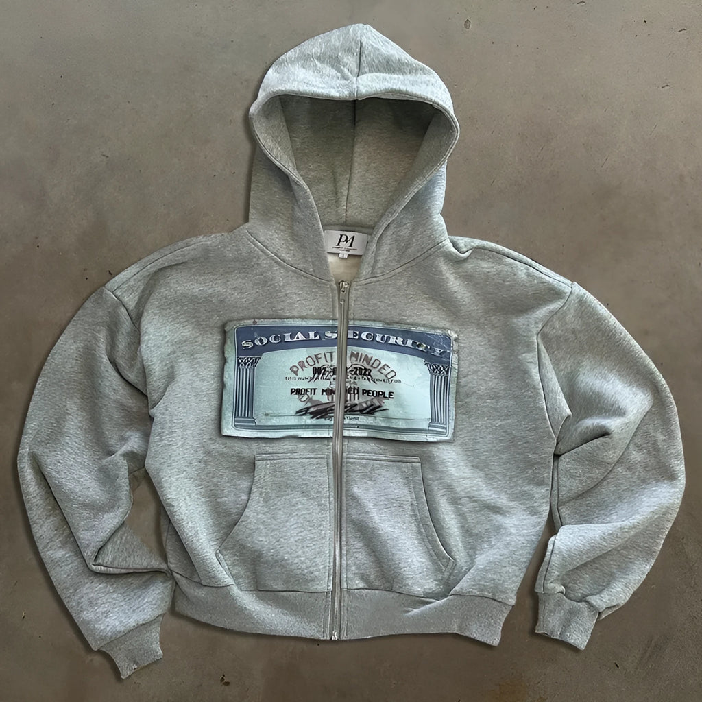 A loose fit black hoodie jacket with a front zipper, pockets, and a white letter print design.