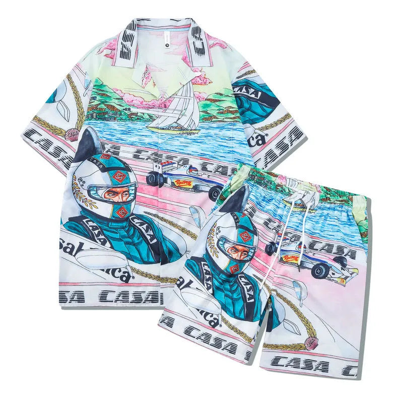 Plaid print beach shirt and trouser outfit set in European American style with short sleeves
