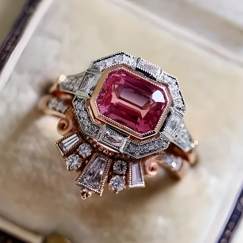 Women's geometric ruby fashion ring in rose gold colour alloy metal