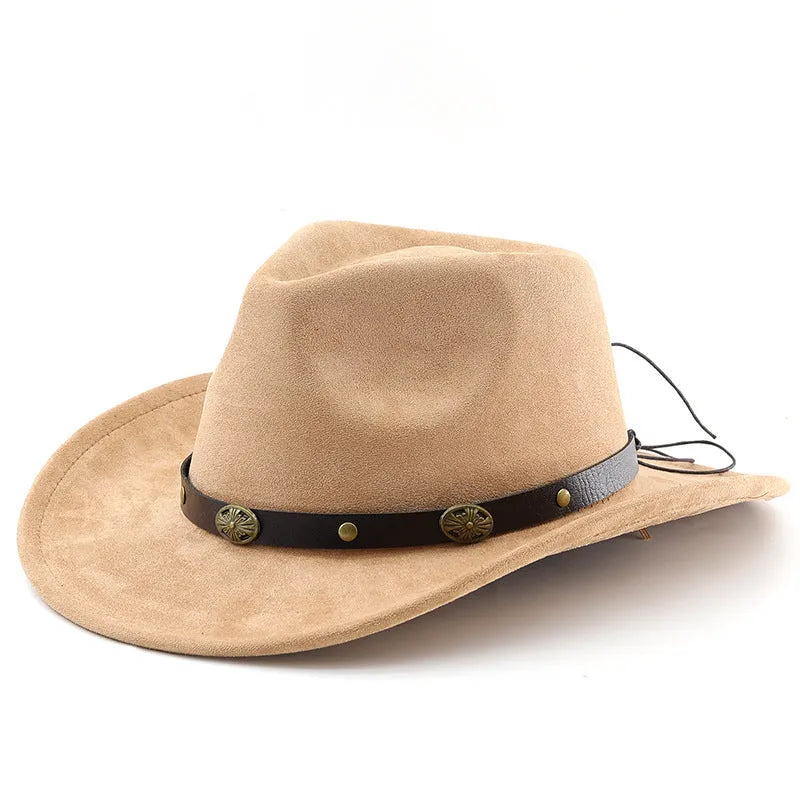 Brown leather velvet western cowboy hat with curved edge and conical crown style