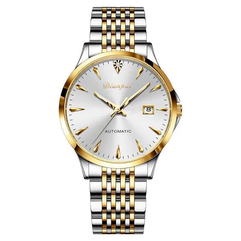 Men's stainless steel automatic watch with simple dial and mineral glass crystal