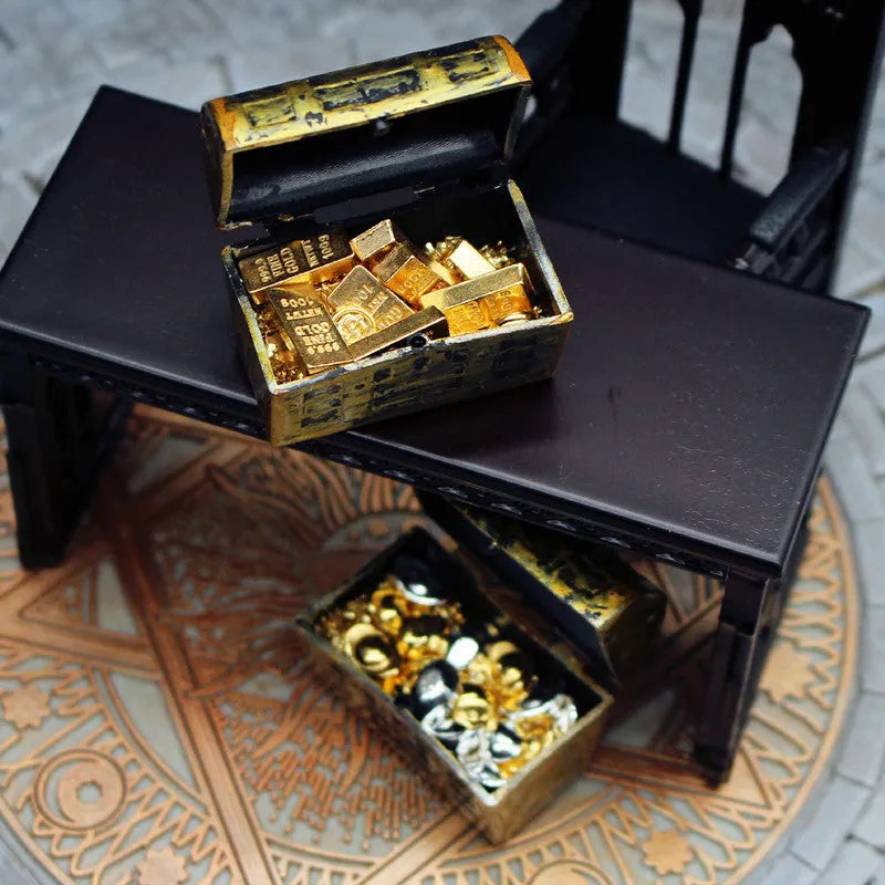 Alloy metal gold coin treasure box doll house accessories with gold bar combination styling