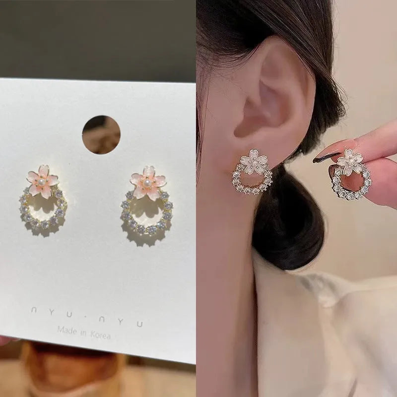 Fashion dripping oil peach blossom stud earrings for women in alloy with electroplated finish