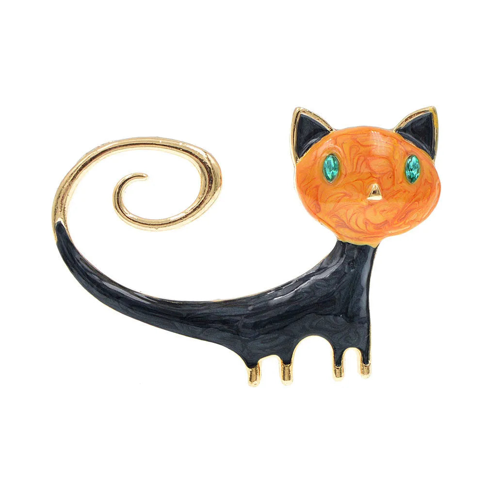 Personalised painted tailing up kitty brooch in alloy metal, orange and white colour options