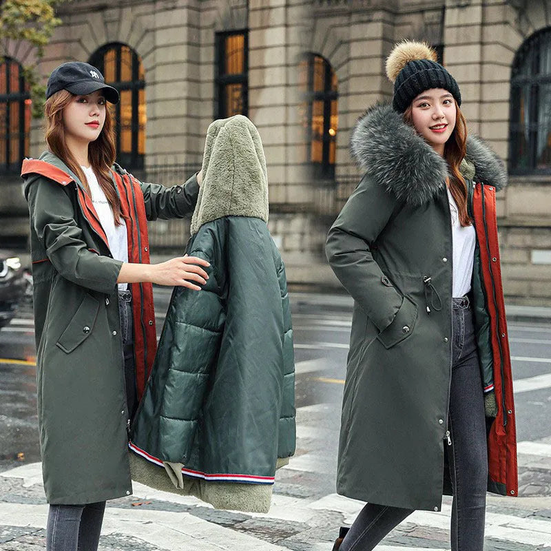 Women's long white cotton-padded trench coat with 100cm length and down cotton filler