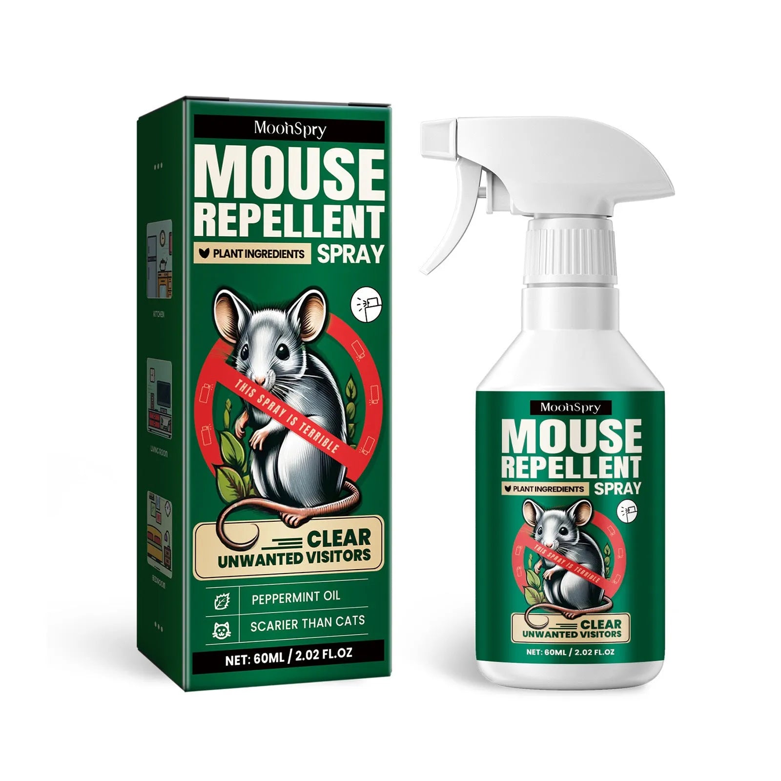 60ml bottle of natural rat repellent spray with ingredients including clove oil and peppermint oil.