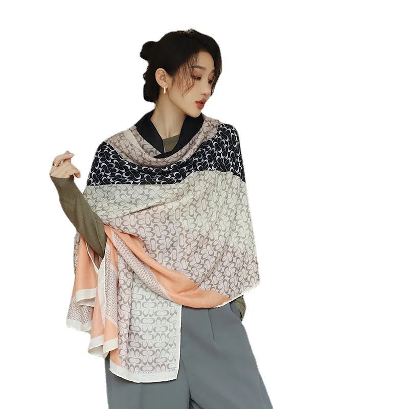 Vintage printed polyester scarf in mid-length 180cm by 90cm size for autumn warmth