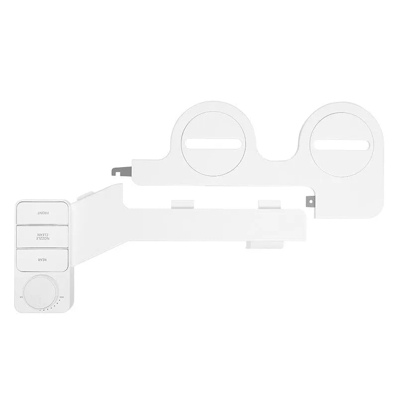 Pure white button-operated wash tool with detachable nozzle and multiple plumbing fittings