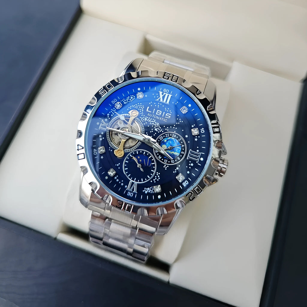 Men's silver case automatic mechanical watch with black starry dial, luminous hands and genuine leather strap