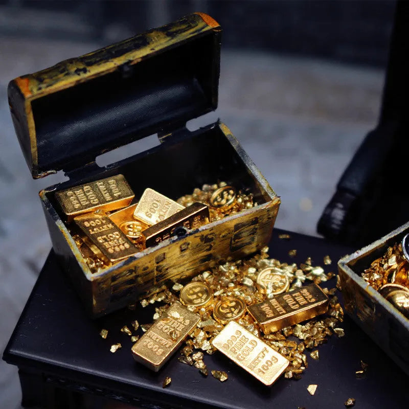 Alloy metal gold coin treasure box doll house accessories with gold bar combination styling