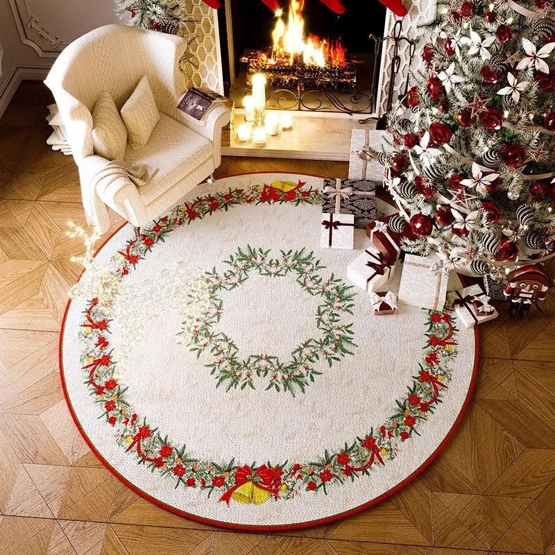 Round red Christmas floor mat with non-slip backing, shown in velvet pile texture.