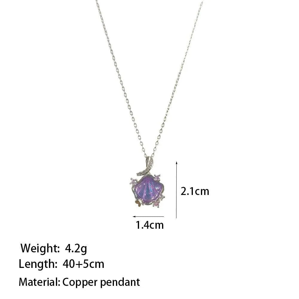 Women's geometric shell pendant clavicle chain necklace with copper pendant and stainless steel chain in white silver option