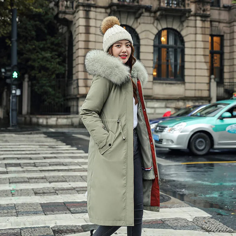 Women's long white cotton-padded trench coat with 100cm length and down cotton filler