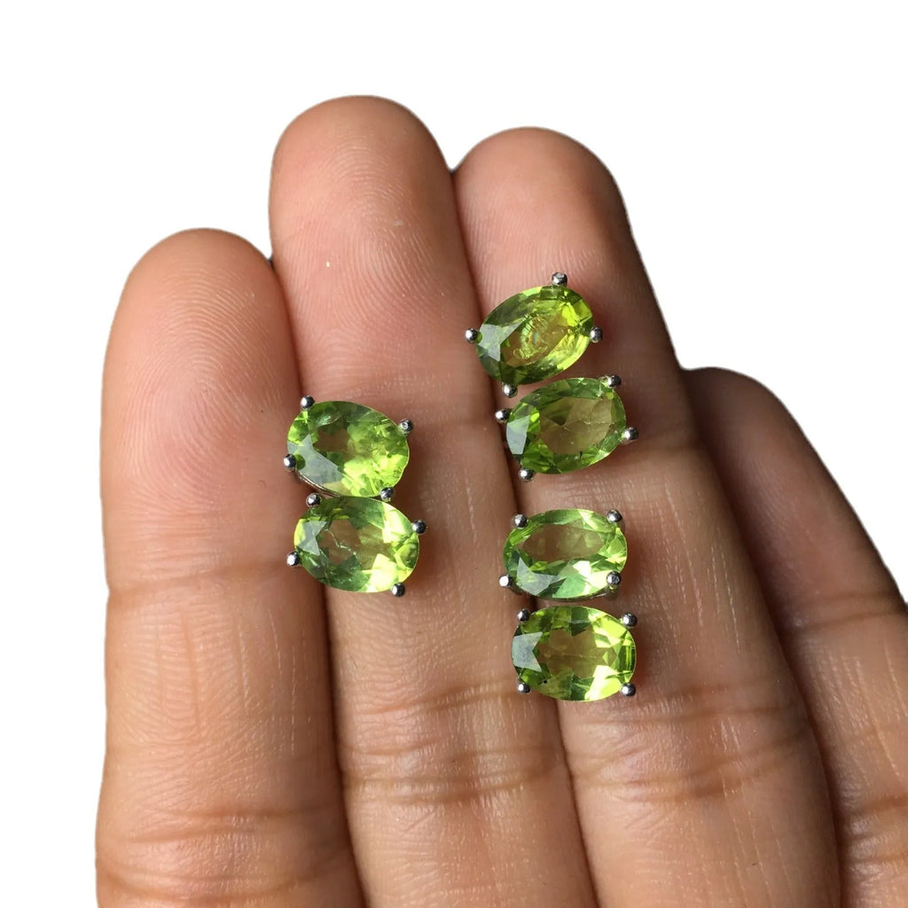 Natural grass green olivine stud earrings in S925 sterling silver with 6x8mm oval stone