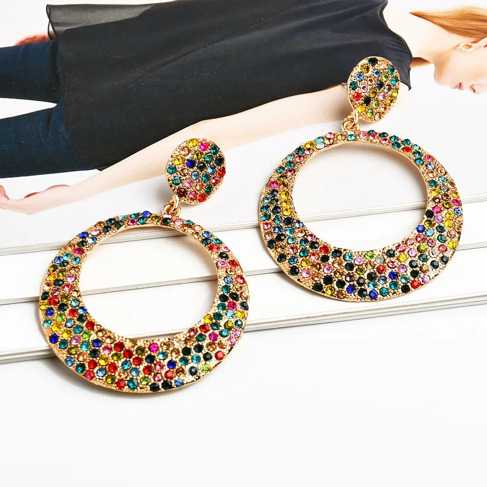 Large round metal earrings with diamond pattern and colourful cartoon design for women