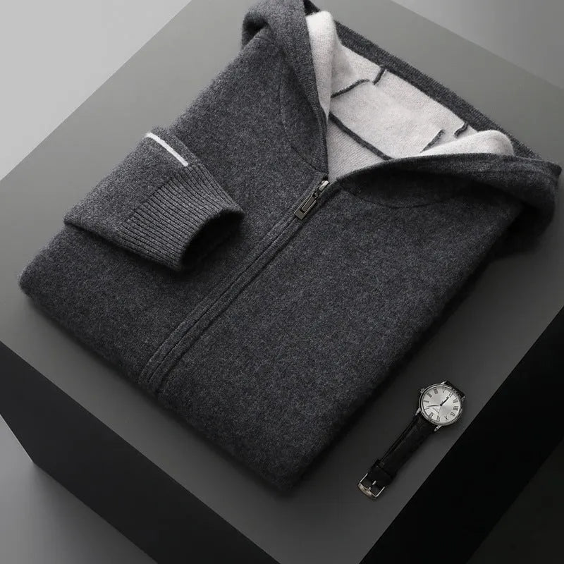 Man wearing a dark blue loose fit cashmere wool cardigan with a half-high zipper collar