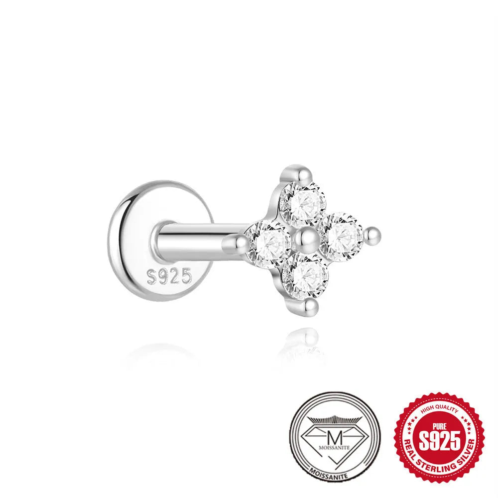 A pair of S925 sterling silver geometric petal stud earrings with a platinum finish, shown in a clip-on style.