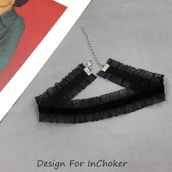 Velvet ruffled floral alloy necklace on a snake bones chain in black, light coffee, or white colour options.