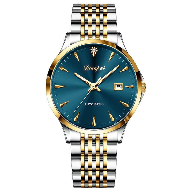 Men's stainless steel automatic watch with simple dial and mineral glass crystal