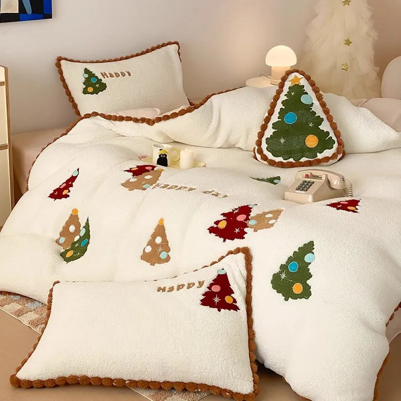 Bright yellow Christmas bedding four-piece set with cartoon animation pattern on milk fibre fabric