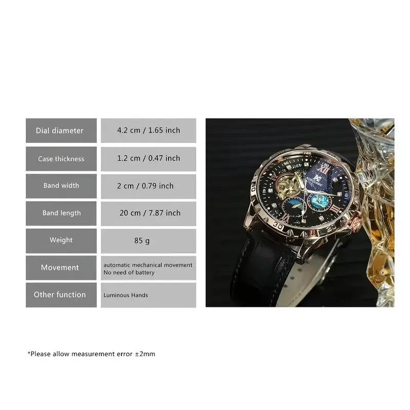 Men's black and rose gold automatic mechanical watch with genuine leather strap and transparent case back