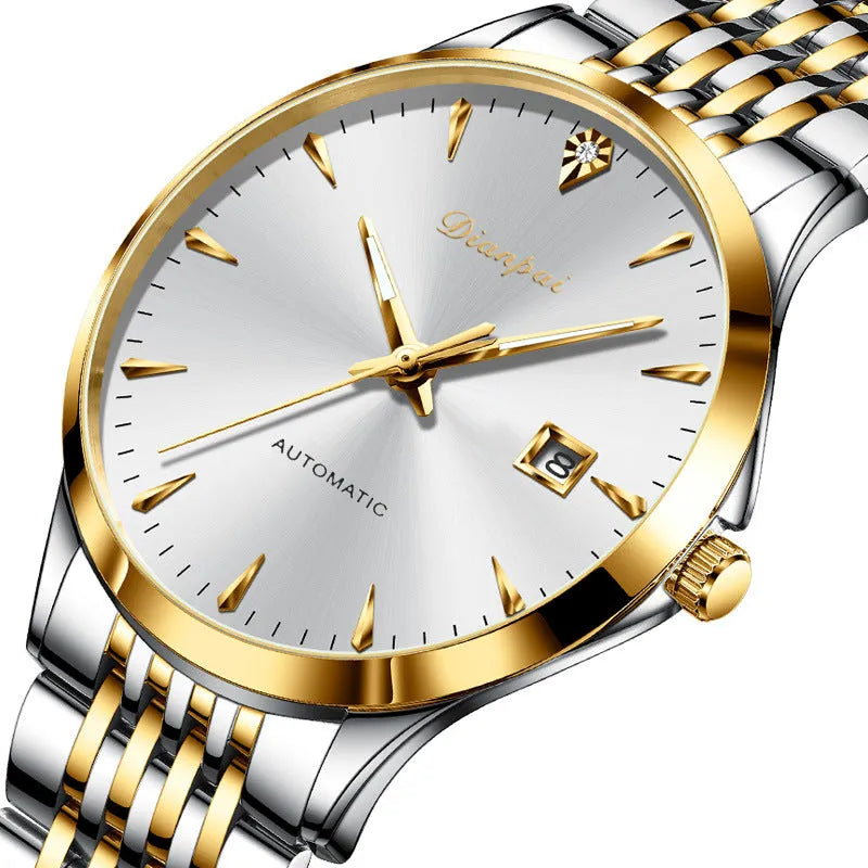 Men's stainless steel automatic watch with simple dial and mineral glass crystal