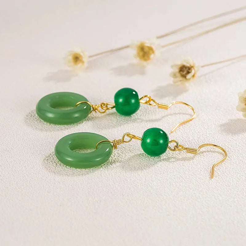 Green Chinese peace buckle earrings with geometric design and 14K gold plating