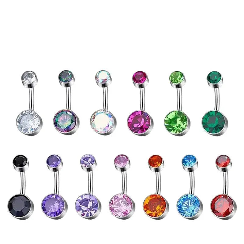 Double-headed zircon titanium alloy navel stud in various colours on a white background.