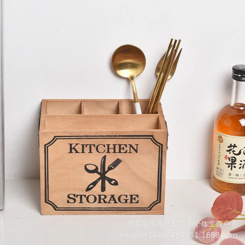 Wooden kitchen storage box with internal grid divider for organising cutlery and chopsticks