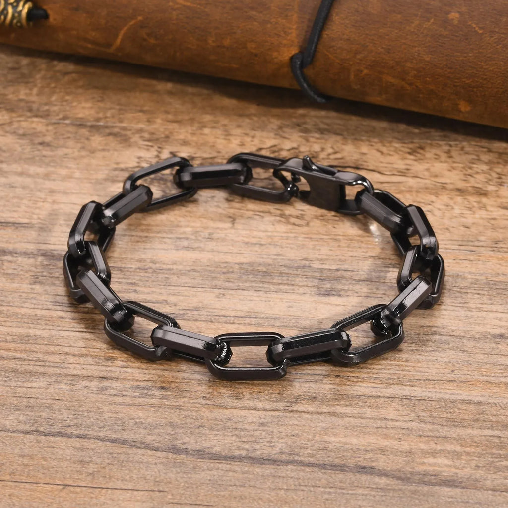 Men's titanium steel square chain bracelet in steel colour showing simple geometric design