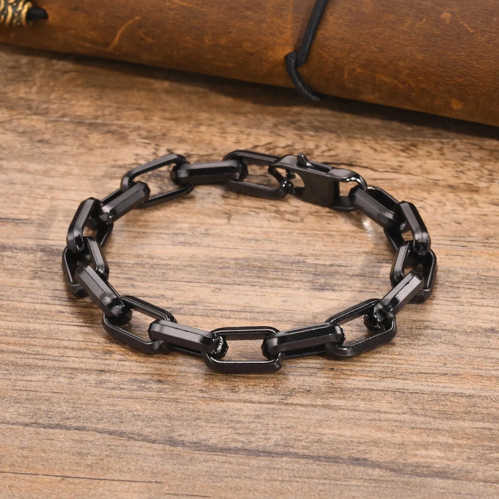 Men's titanium steel square chain bracelet in steel colour showing simple geometric design