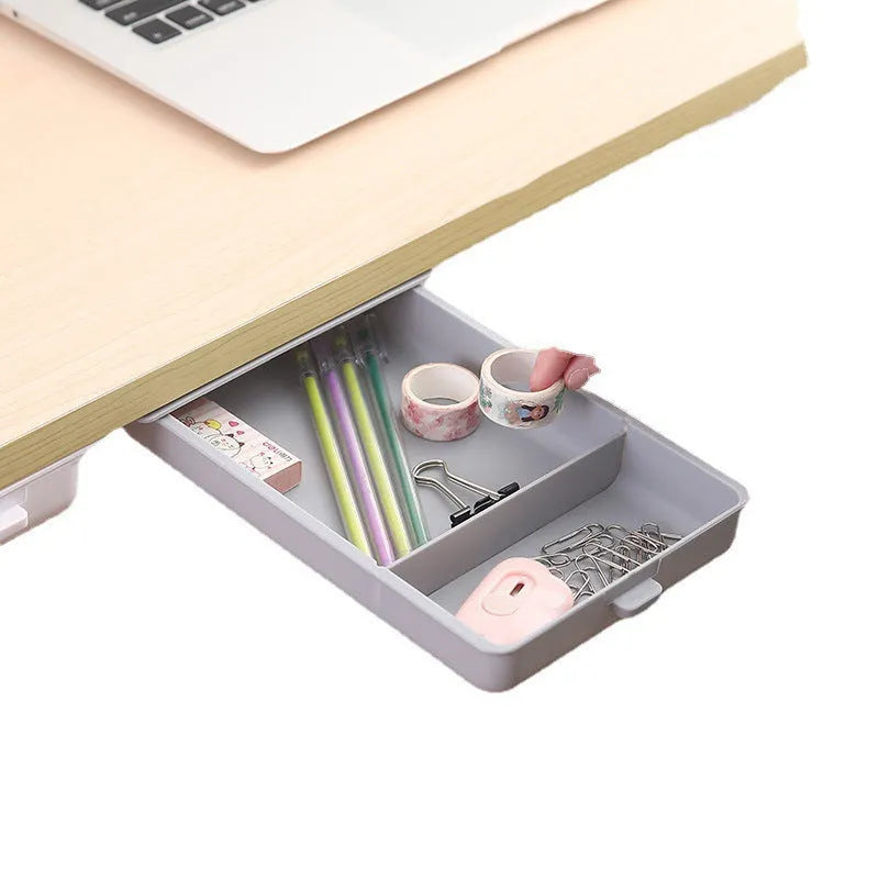 Adhesive-mounted plastic storage drawer with covered design and internal grid compartments